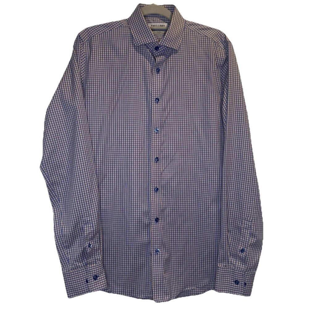 Twillory Peach Blue Plaid Tailored Fit Long Sleeve Button Up Shirt Sz 16 36/37